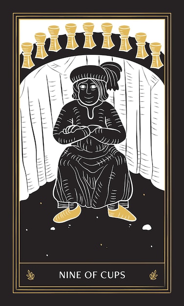 Neun Tassen Tarot-Karte in Minor Arcana mit schwarzem Gold und weißem handgezeichnetem Vektor-Doodle-Stil