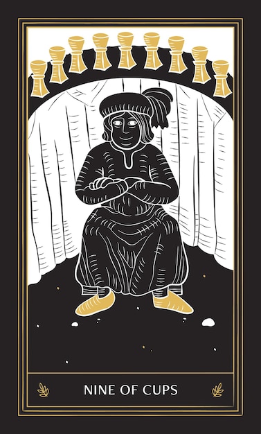 Vektor neun tassen tarot-karte in minor arcana mit schwarzem gold und weißem handgezeichnetem vektor-doodle-stil