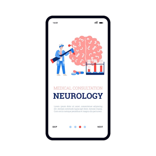 Neurologische medizinische beratung app-seite cartoon-vektor-illustration