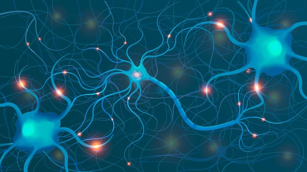 Vektor neurowissenschaftliche netzzusammensetzung mit grafischer visualisierung, die neuronale synapsen und verbindungen mit leuchtenden lichtern und kanälen darstellt, vektorgrafik