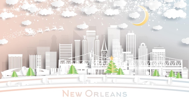 New Orleans Louisiana City Skyline im Papierschnitt-Stil mit Schneeflocken-Mond und Neon-Girlande
