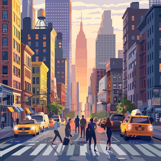 New Yorker Straße mit Wolkenkratzern und Verkehr auf der Straße Vektorillustration