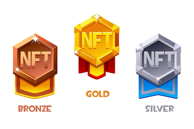 Nft-award-abzeichen für spielressourcen in verschiedenen metallen gold-silber- und bronze-award-abzeichen kryptowährung nfttoken internetwährung der zukunft