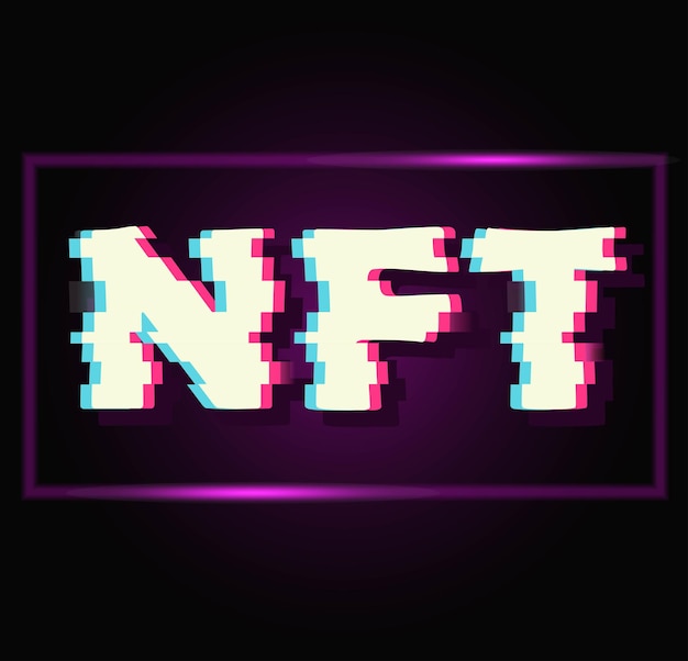 Nft-inschrift mit neonfarbe im glitch-stil. vektorvorratillustration. würfel. metaverse.