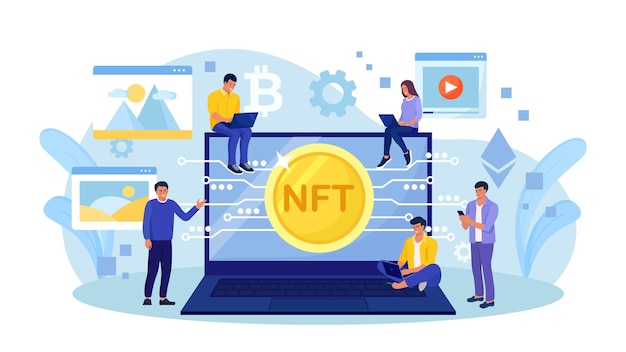 Nft-marktplatz mit krypto-kunstgegenständen zum verkauf und blockchain-technologie menschen verwenden nicht fungible token-kryptowährung, um exklusive kunst-meisterwerke und antiquitäten im cyberspace zu kaufen