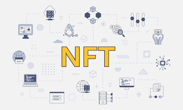 Nft nicht fungibles Token-Konzept mit Symbolsatz mit großem Wort oder Text in der Mitte