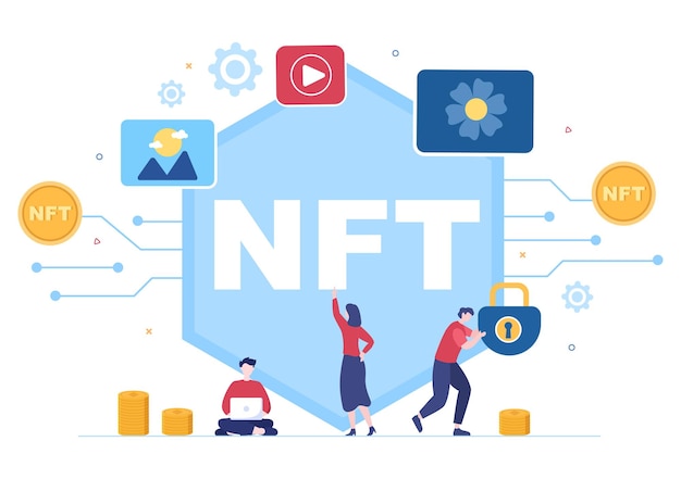 Nft non fungible token crypto art of converting in digital network with coin servers for banner or poster in flat background illustration