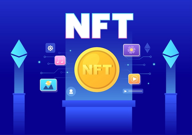 Nft non fungible token crypto art of converting in digital network with coin servers for banner or poster in flat background illustration