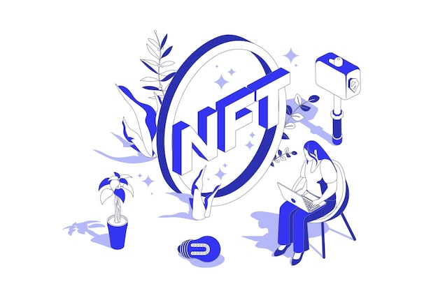 NFT-Token 3D-isometrisches Konzept in Isometrie-Grafikdesign für das Web Menschenszene mit einer Frau, die digitale Kunst mit nicht fungiblen Token auf dem Online-Kryptowährungsmarkt verhandelt Vektorillustration