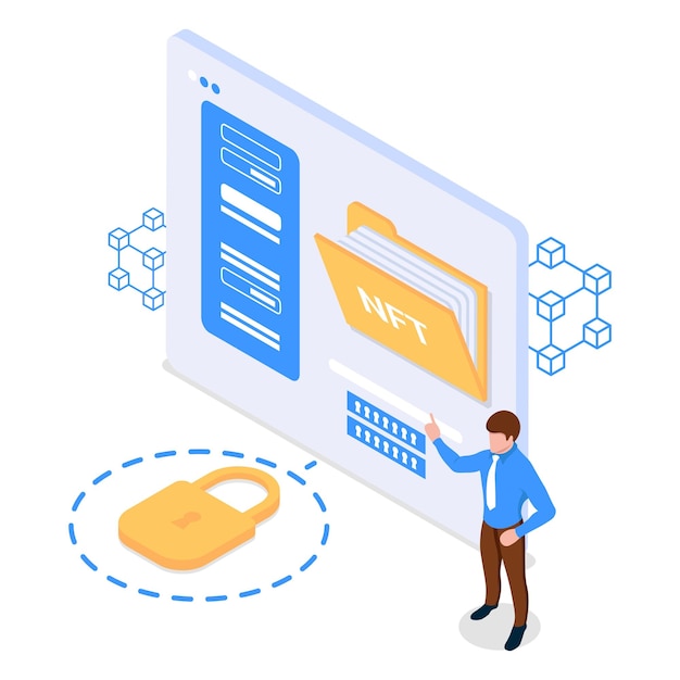 Nft-webspeicher. sicherer speicher für nicht fungible token. isometrische vektordarstellung.