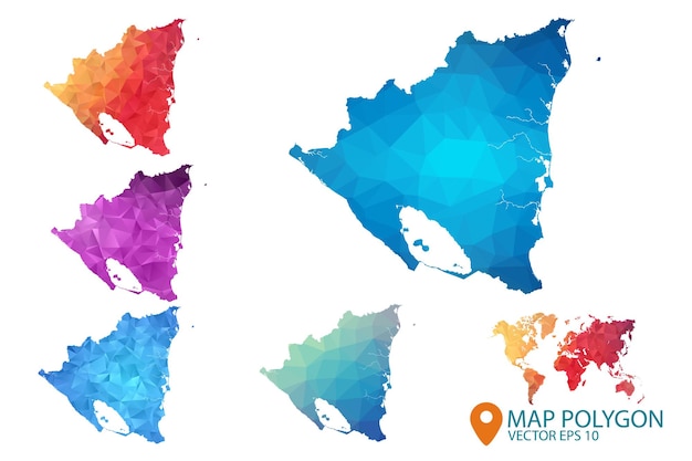 Nicaragua-kartensatz aus geometrischem zerknittertem dreieckigem low-poly-stil-gradienten-grafikhintergrund