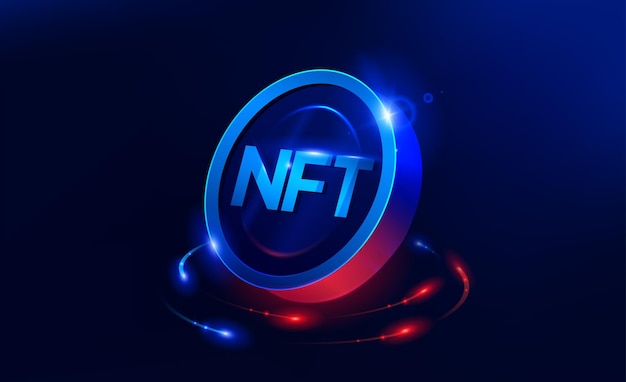 Nicht fungible NFT-Token-Illustration mit rot und blau leuchtenden Lichtern dunkelblauer Hintergrund Vektor-Kryptowährung