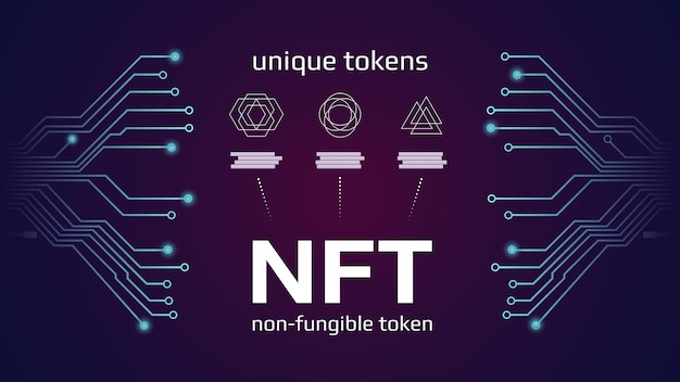 Nicht fungible nft-token-infografiken mit pcb-spuren auf dunklem hintergrund bezahlen sie für einzigartige sammlerstücke in spielen oder kunst vektorillustration