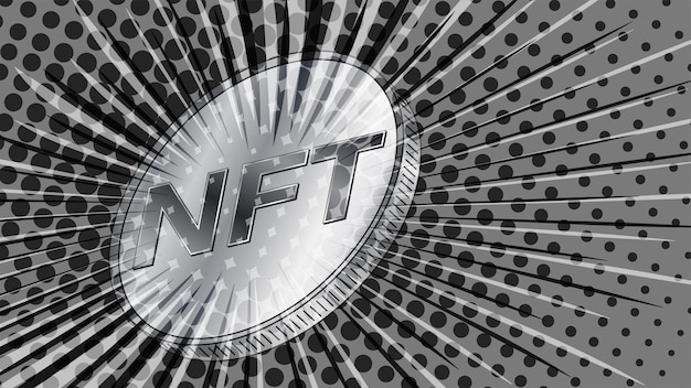 Nicht fungible nft-token-münze im retro-stil der 80er jahre in grauer farbe bezahlen sie für einzigartige sammlerstücke in spielen oder kunst header oder banner für nachrichten