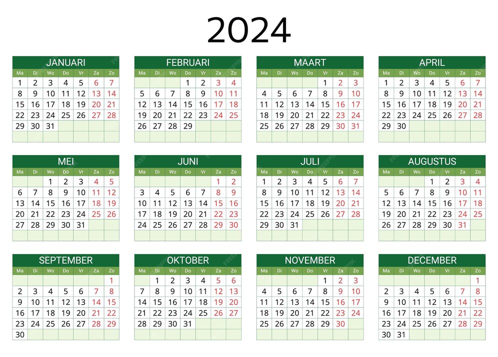 Niederländischer kalender 2024 druckbare bearbeitbare