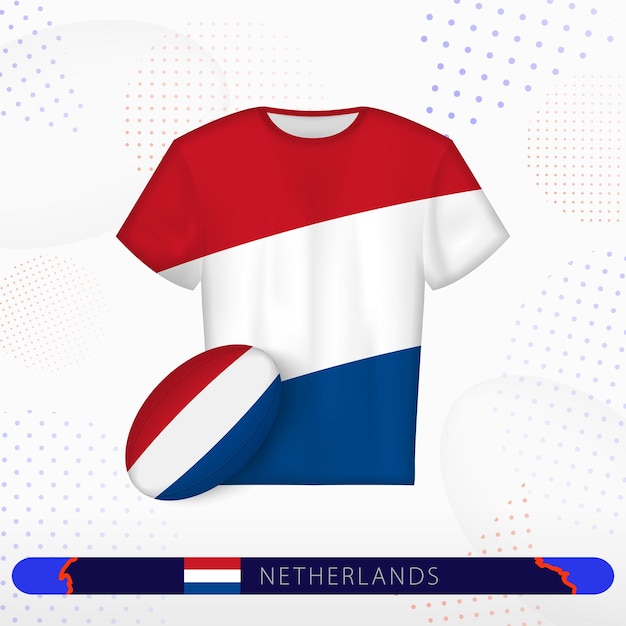 Niederländisches rugby-jersey mit rugby-ball der niederlande auf abstraktem sport-hintergrund