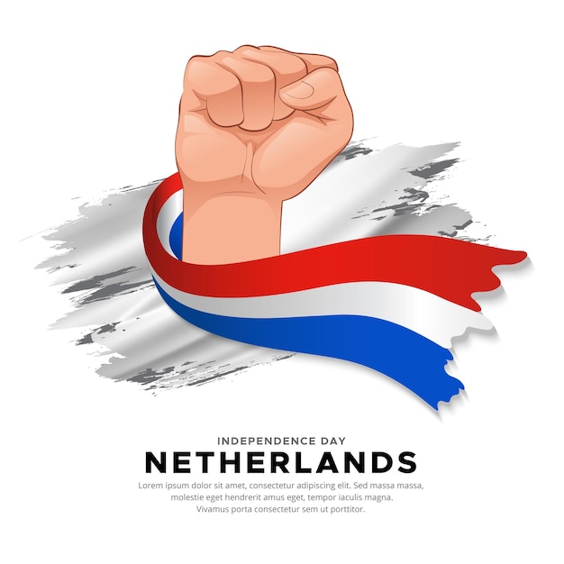 Niederländisches unabhängigkeitstag-design mit hand, die flagge hält holland-wellenflaggenvektor