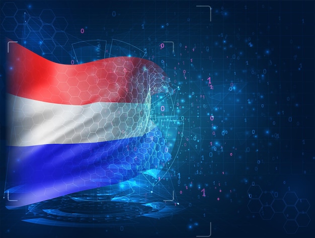 Niederlande, vektor-3d-flagge auf blauem hintergrund mit hud-schnittstellen