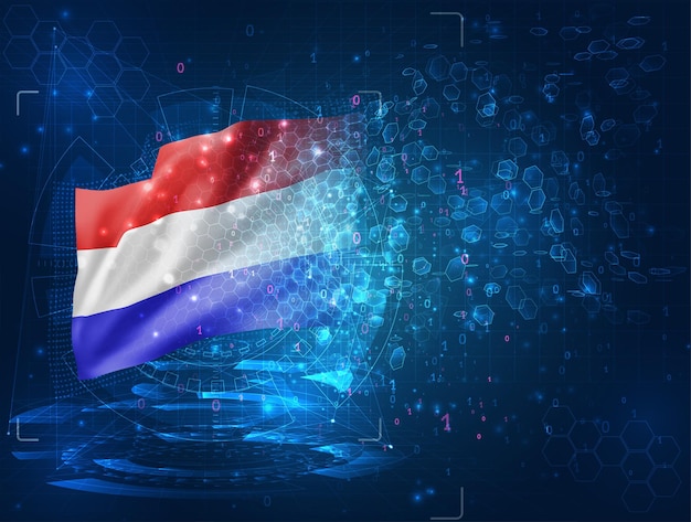 Niederlande, vektor-3d-flagge auf blauem hintergrund mit hud-schnittstellen