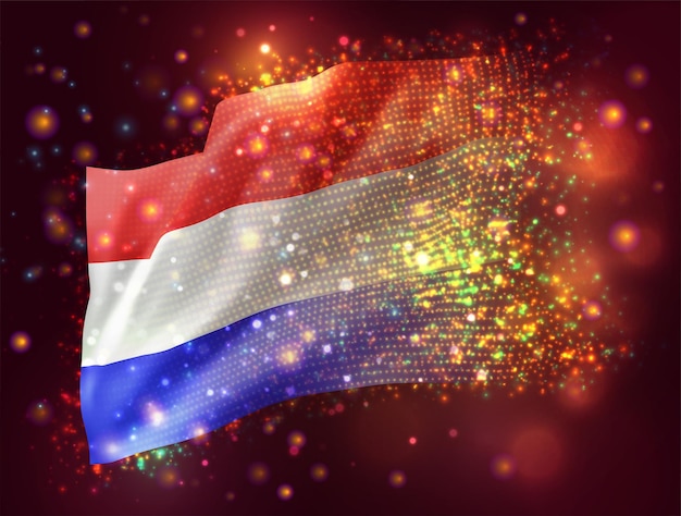 Vektor niederlande, vektor-3d-flagge auf rosa lila hintergrund mit beleuchtung und fackeln