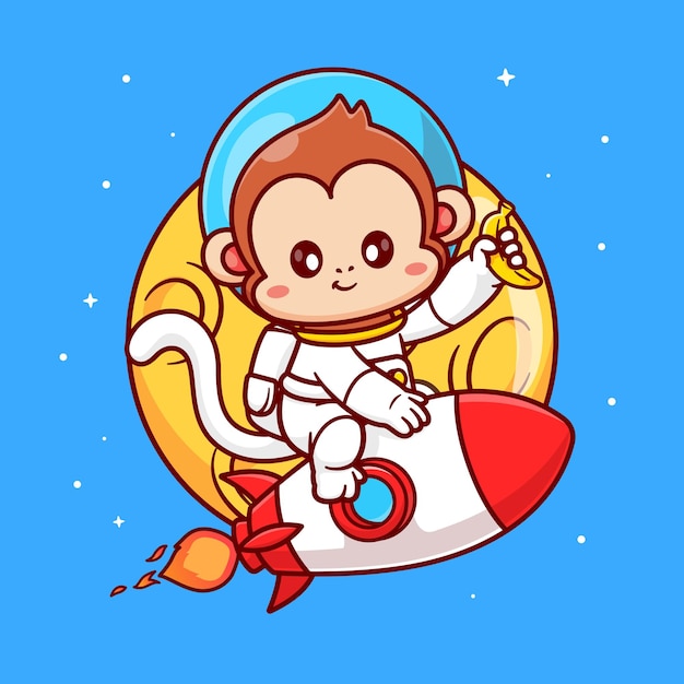 Niedlich, affe, astronaut, reiten, rakete, in, mond, raum, mit, banane, karikatur, vektor, symbol, illustration