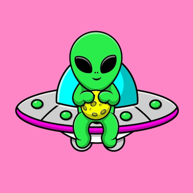 Niedlich, alien, halten, mond, auf, ufo, karikatur, vektor, symbol, illustration