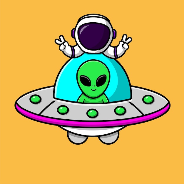 Niedlich, Alien, Mit, Astronaut, Auf, Ufo, Karikatur, Vektor, Symbol, Illustration