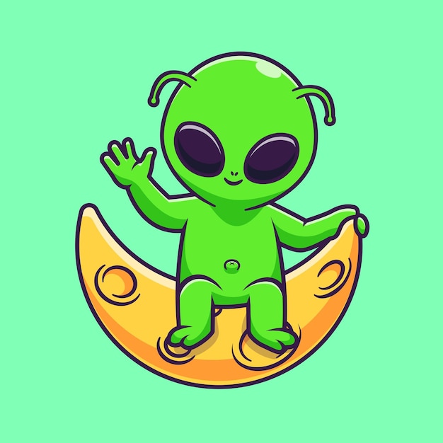 Niedlich, alien, winkende, hand, auf, mond, karikatur, vektor, symbol, abbildung, wissenschaft, technologie, symbol, isolated