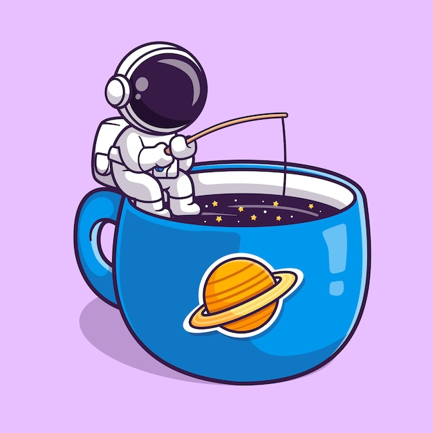 Niedlich, astronaut, angeln, auf, kaffee, raum, karikatur, vektor, symbol, illustration. wissenschaft getränk isoliert flach