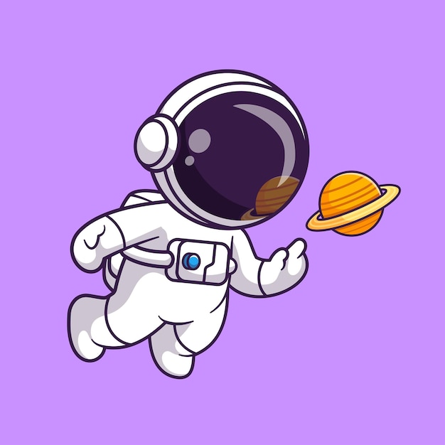 Vektor niedlich, astronaut, fliegen, mit, planet, in, raum, karikatur, vektor, symbol, abbildung, wissenschaft, technologie, symbol