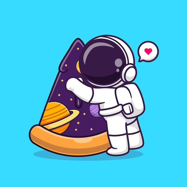 Niedlich, astronaut, mit, pizza, raum, karikatur, vektor, symbol, illustration. wissenschaft, lebensmittel, symbol, konzept, freigestellt, premium, vector. flacher cartoon-stil