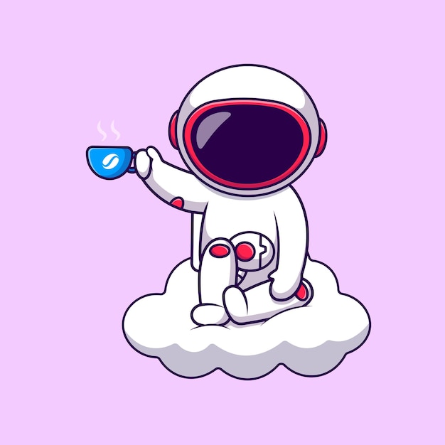 Niedlich, astronaut, trinken, heißen kaffee, auf, wolke, karikatur, vektor, heiligenbilder, illustration.