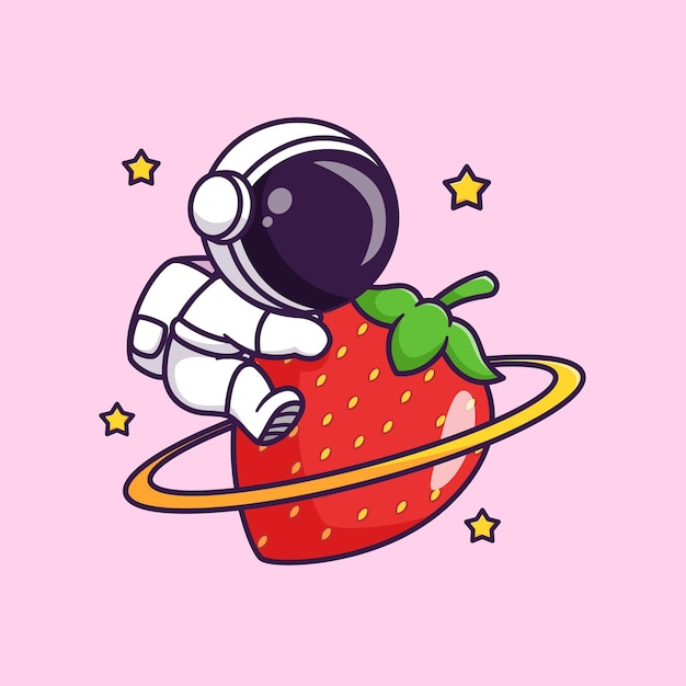 Niedlich, astronaut, umarmung, erdbeere, frucht, planet, karikatur, vektor, symbol, abbildung, wissenschaft, frucht, isolated