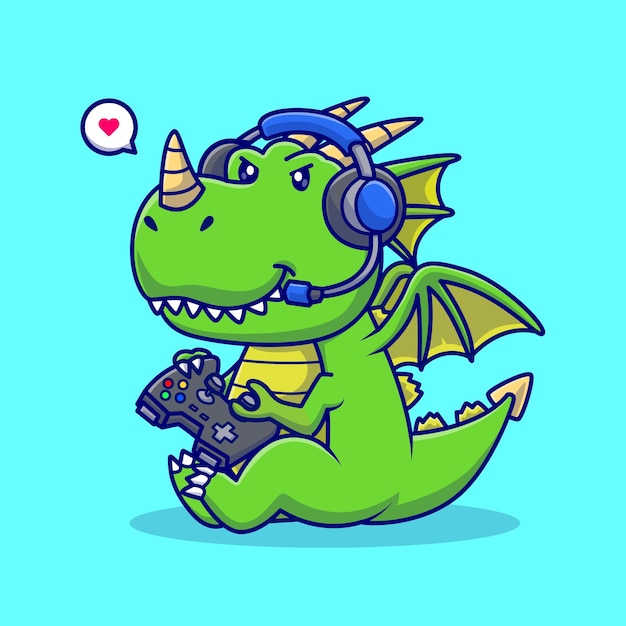 Niedlich, baby, drache, gamer, karikatur, vektor, symbol, abbildung, tier, technologie, symbol, begriff, isolated