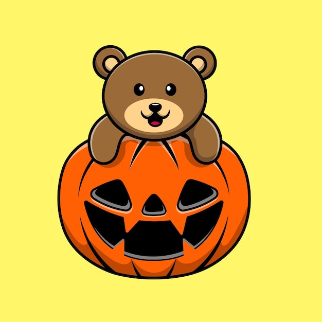 Niedlich, bär, auf, kürbis, halloween, karikatur, vektor, symbol, illustration