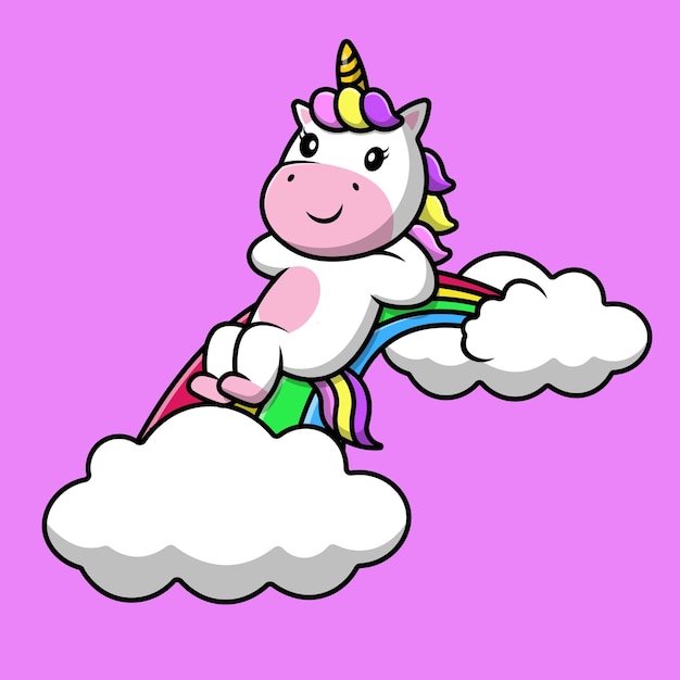 Niedlich, Einhorn, Verlegung, Auf, Regenbogen, Wolke, Karikatur, Vektor, Heiligenbilder, Illustration