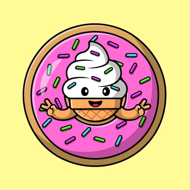 Niedlich, eiscreme, in, donut, mit, frieden, hand, karikatur, vektor, symbol, illustration