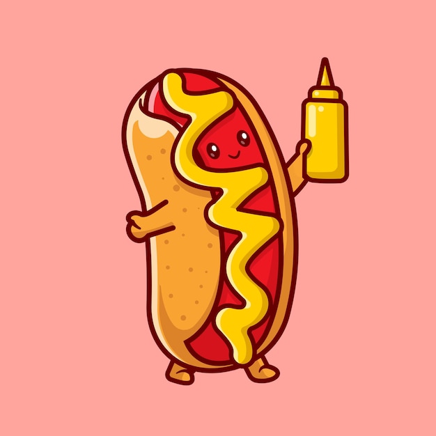 Vektor niedlich, hotdog, halten, senf, karikatur, vektor, symbol, abbildung, lebensmittelobjekt, symbol, begriff, freigestellt, flat