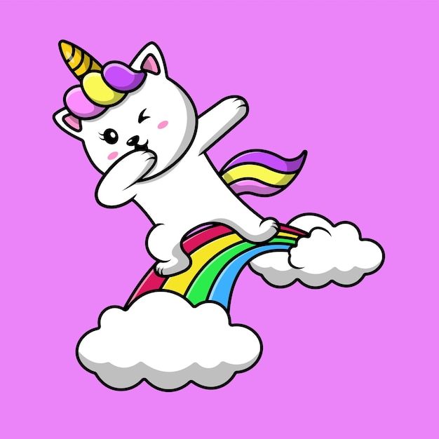 Niedlich, katz, einhorn, tupfen, auf, regenbogen, wolke, karikatur, vektor, symbol, illustration