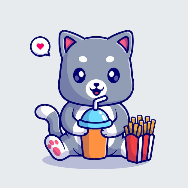 Niedlich, Katze, Trinken, Soda, Und, Essen, Pommes Frites, Karikatur, Vektor, Symbol, Abbildung, Tier, Essen, Und, Drink