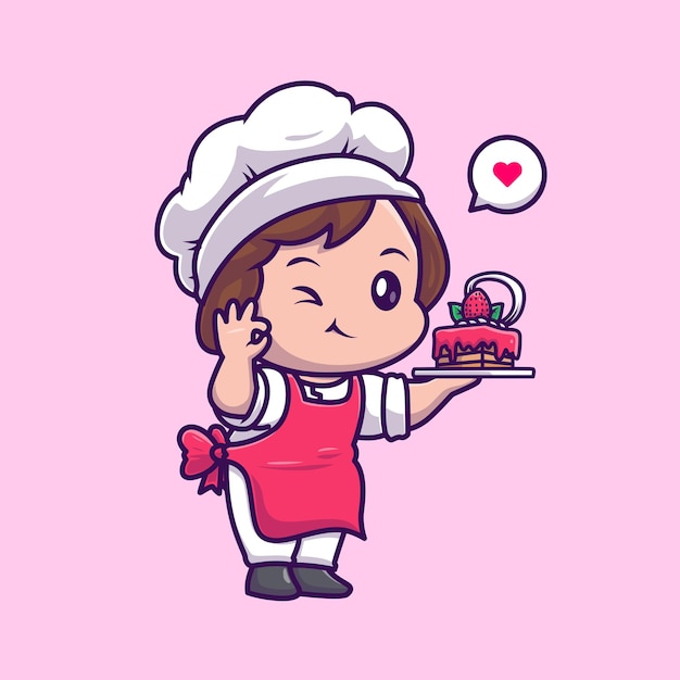Niedlich, koch, mädchen, kochen, erdbeerkuchen, karikatur, vektor, symbol, illustration. leute, essen, symbol, freigestellt