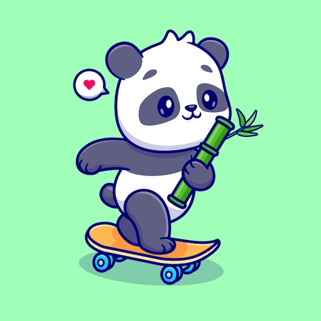 Niedlich, Panda, Halten, Bambus, Auf, Skateboard, Karikatur, Vektor, Symbol, Abbildung, Tier, Sport, Symbol, Isolated