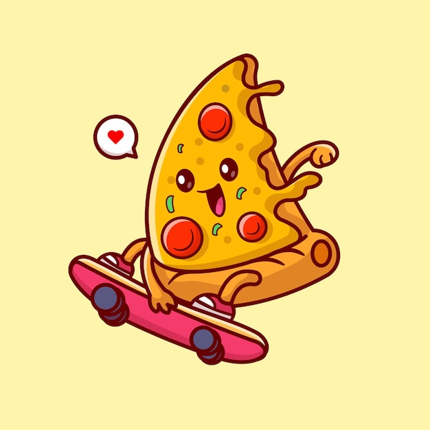 Niedlich, pizza geschmolzen, spielender, skateboard, karikatur, vektor, symbol, illustration. essen, sport, symbol, freigestellt, flat