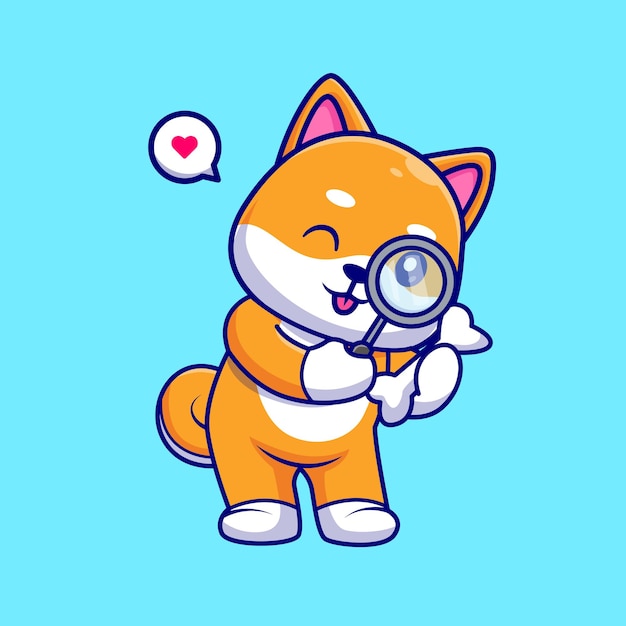 Niedlich, shiba inu, hund, betrachten, knochen, mit, lupe, karikatur, vektor, symbol, illustration. tier