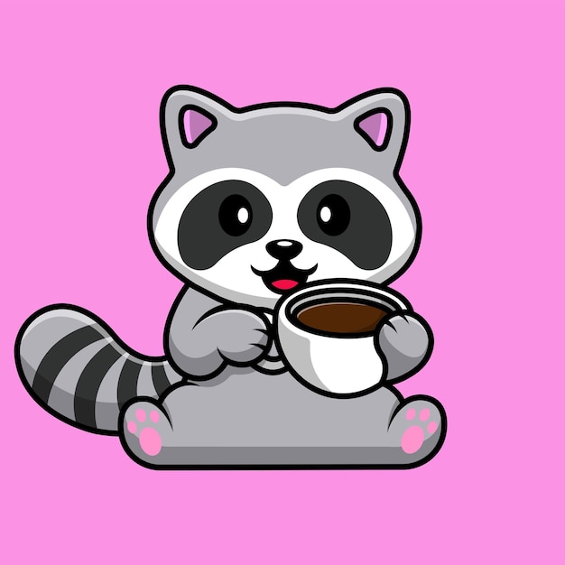 Niedlich, waschbär, getränk, kaffeetasse, karikatur, vektor, symbol, illustration