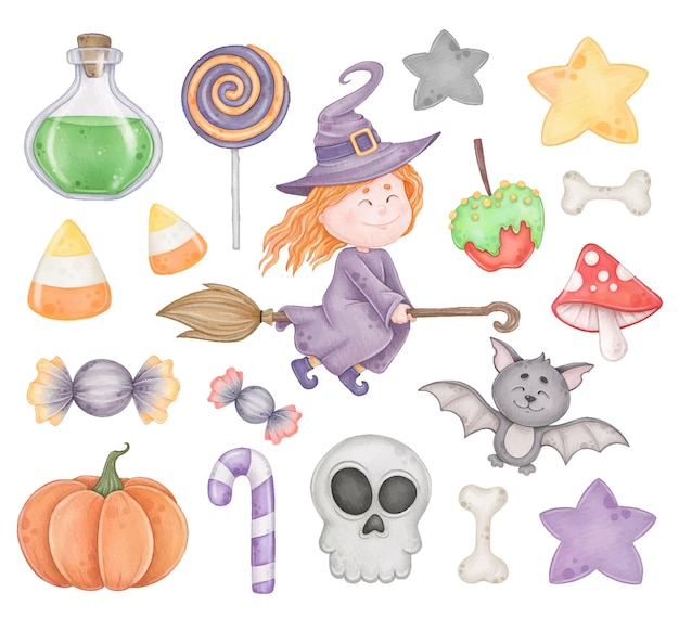 Niedliche aquarell-halloween-clipart mit witch