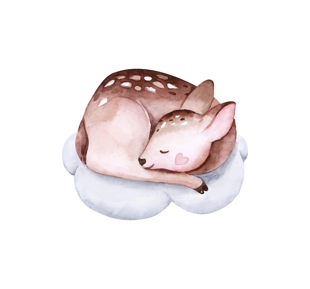 Niedliche Aquarell-Kleinwild-Baby-Aquarell-Bembi-Cartoon-Baby-Kinderzimmer. Mutter und Baby auf den Wolken