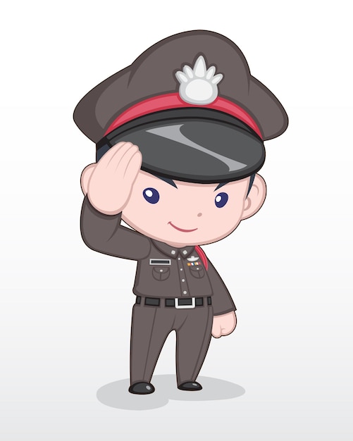 Niedliche art thailändischer polizeibeamter stehend und salutierende karikaturillustration