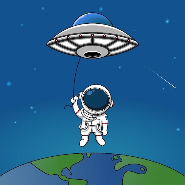 Niedliche astronauten fliegen auf einer ufo-illustration in den himmel