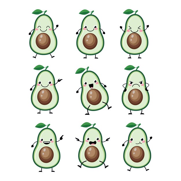 Niedliche Avocado-Zeichensätze mit verschiedenen Emissionsillustrationen. Lustige Kawai Avocado